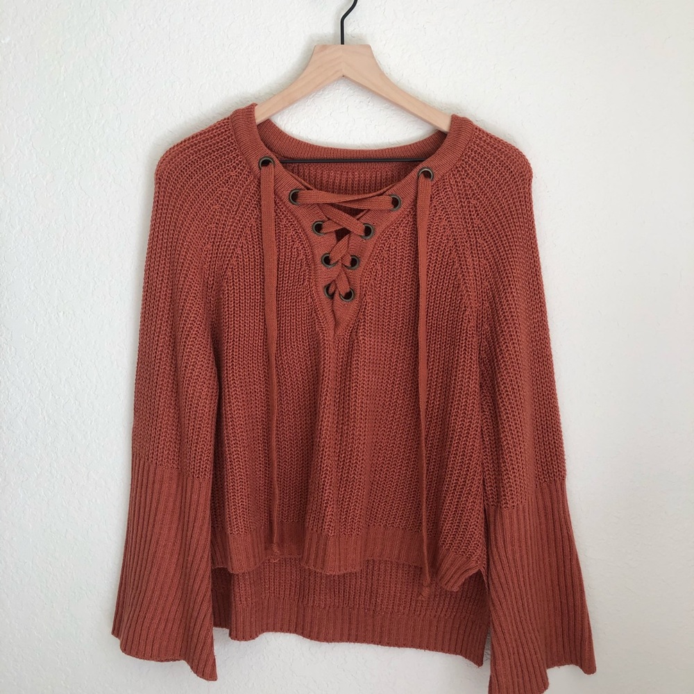 Lace Up Bell Sleeve Sweater
